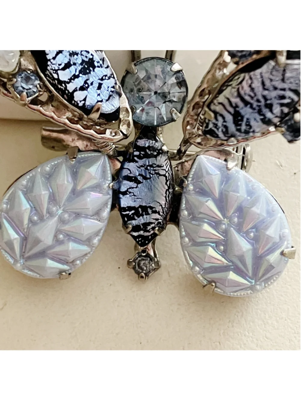 Vintage Butterfly Trembler Brooch Silver Filigree Foil Glass Stones Molded Art
